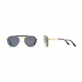 Unisex round aviator sunglasses gold double-bridge dark grey blue lens black brow bar black temple – front and side view