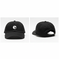Black dad cap with white circular E logo embroidery ghost mannequin front and side view