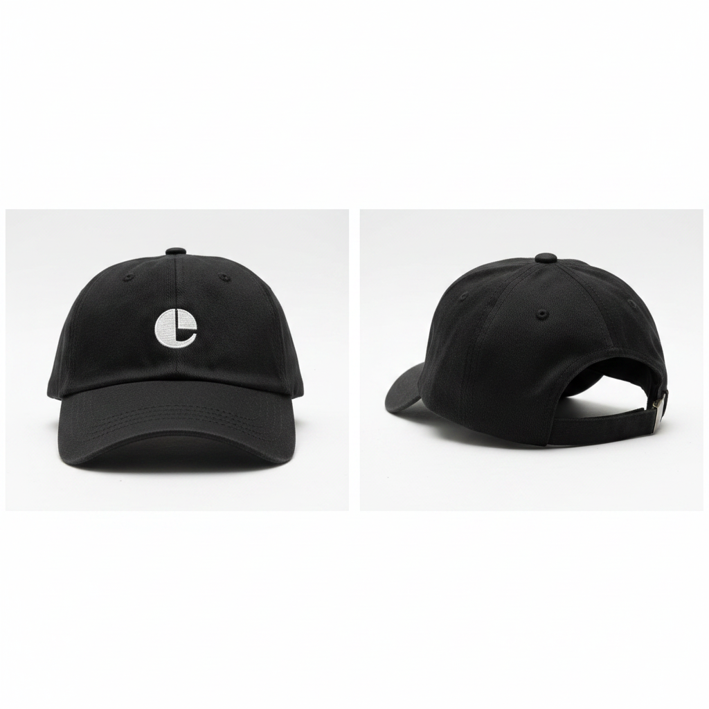 Black dad cap with white circular E logo embroidery ghost mannequin front and side view