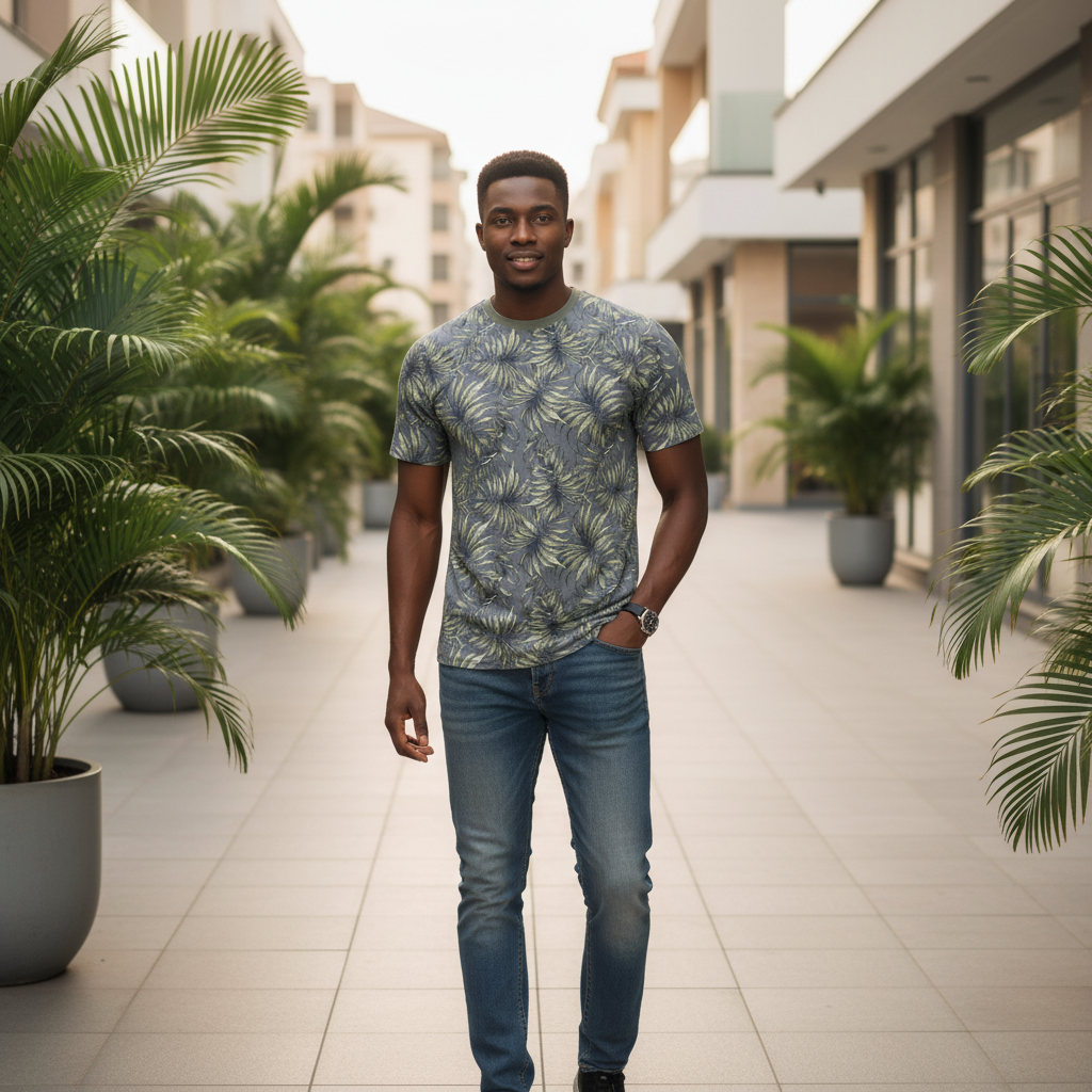 Tropical Leaf Print Tee – Nigerian Model Front View