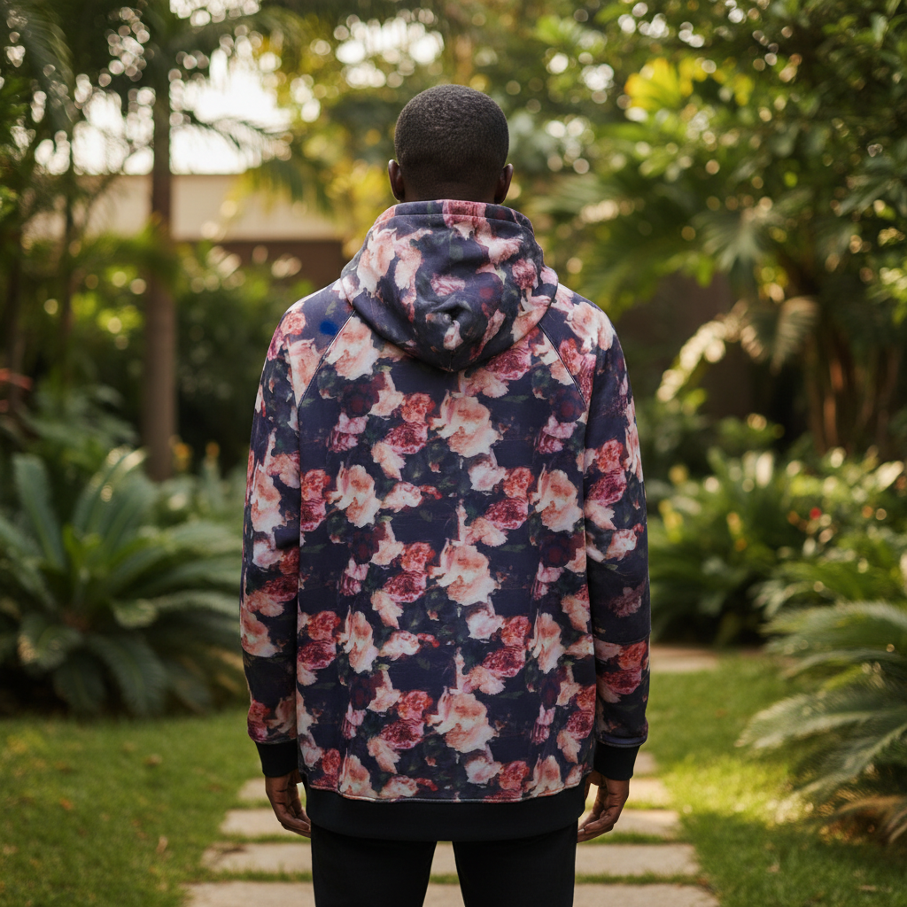 Floral hoodie back view on Nigerian male model