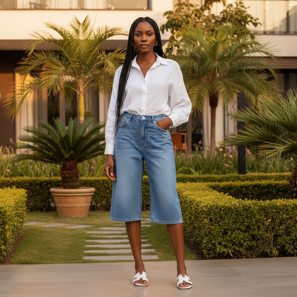 High-Waist Denim Bermuda Shorts - Front Model View