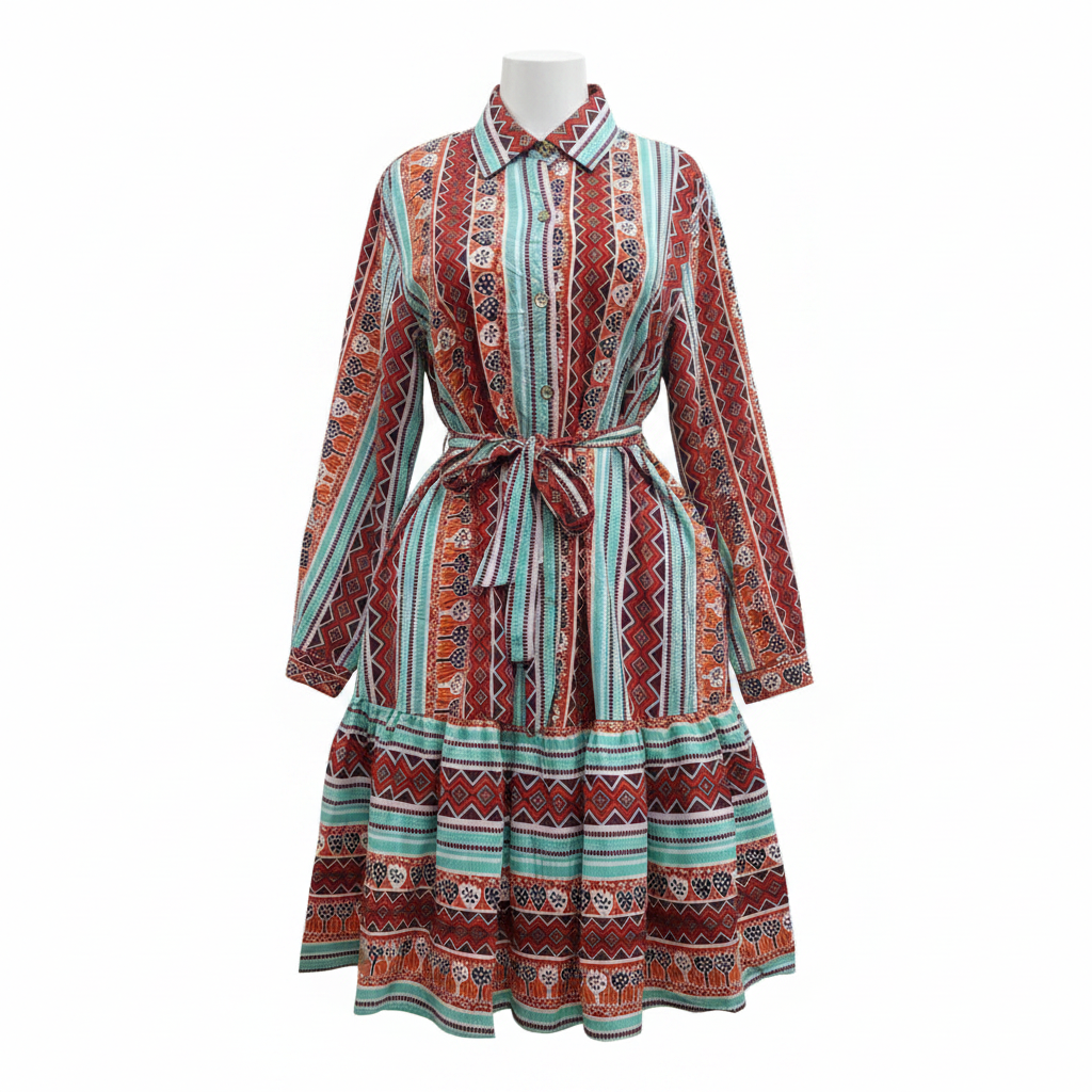 Tribal Stripe Midi Shirt Dress – Red & Teal – Ghost Mannequin