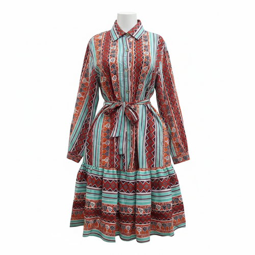 Tribal Stripe Midi Shirt Dress – Red & Teal – Ghost Mannequin