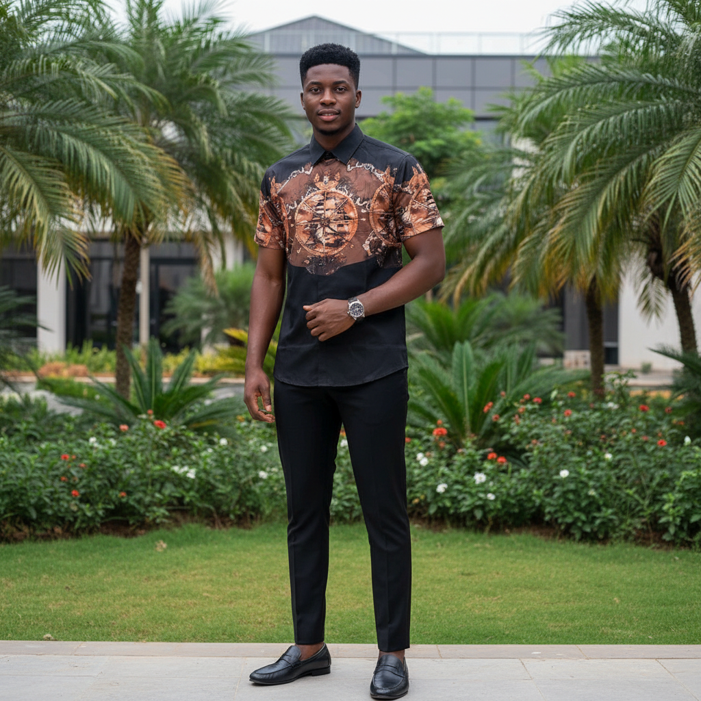 Nigerian male model wearing black nautical ship wheel graphic short-sleeve shirt