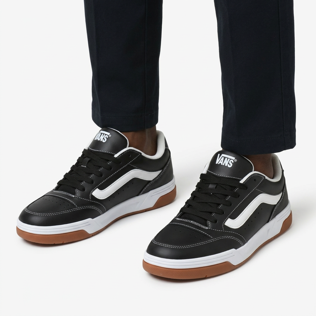 Both black and white low-top sneakers worn ankle-down with dark trousers