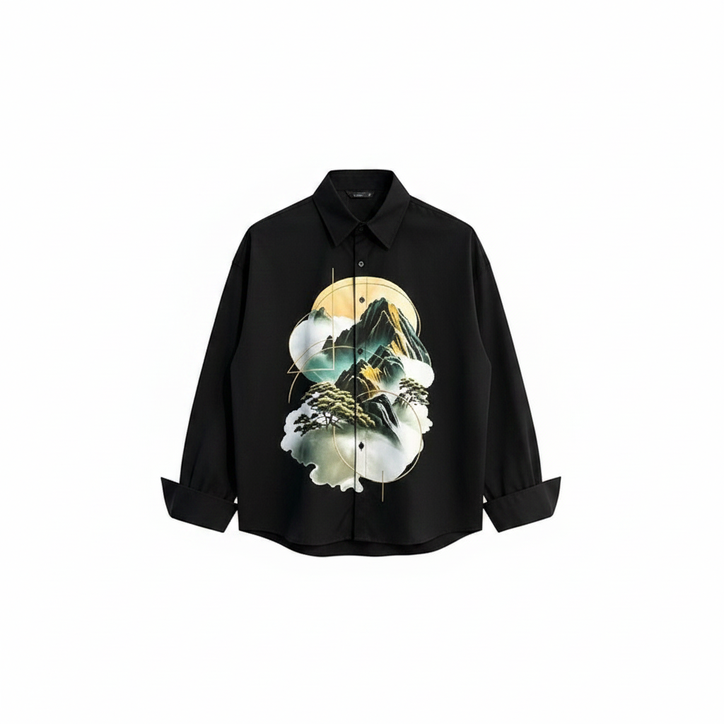 Men's black Japanese landscape print long-sleeve shirt – ghost mannequin front view