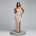 Nude Rhinestone Ruched Split Maxi Gown – Model Shot