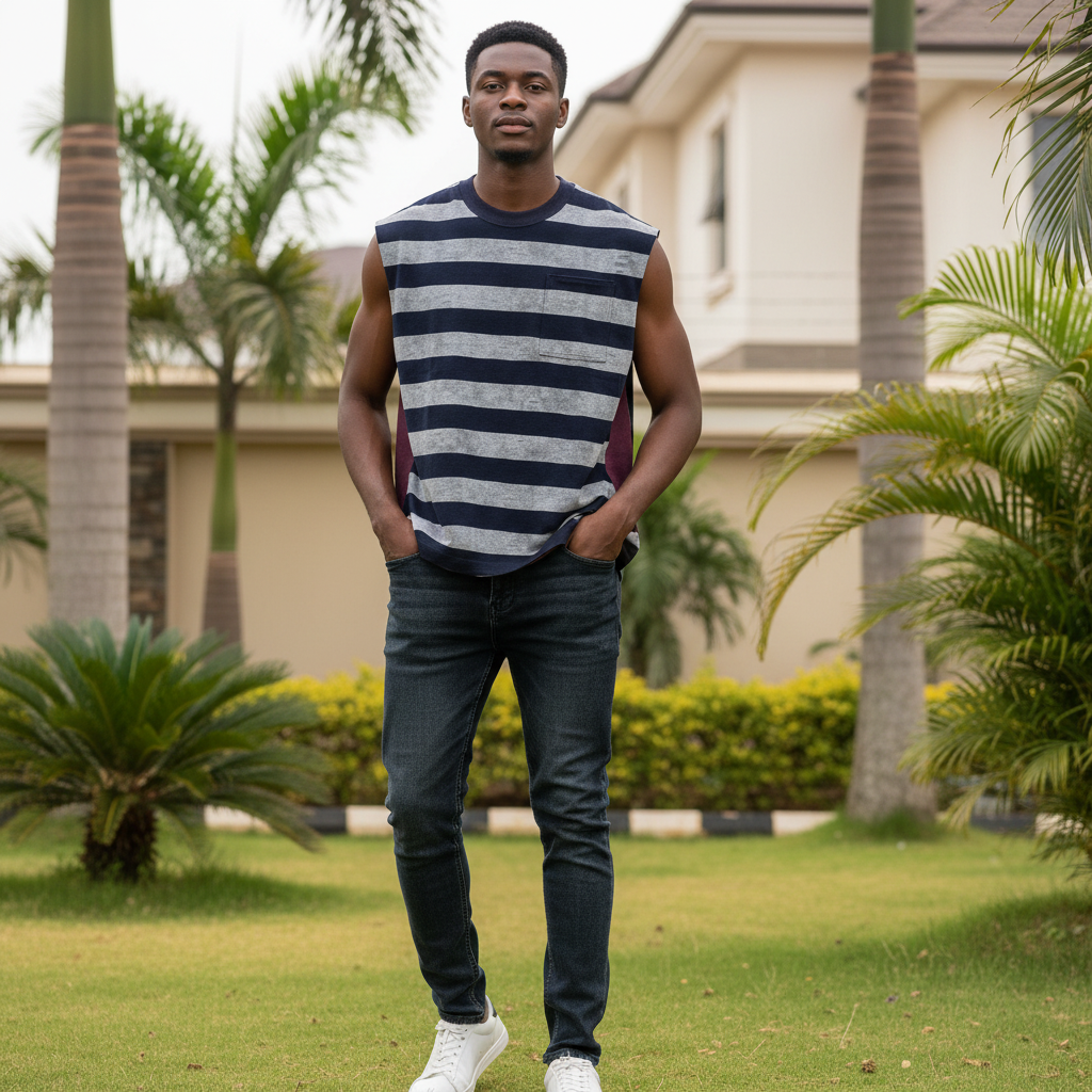 Nigerian male model wearing men's navy grey stripe sleeveless vest top