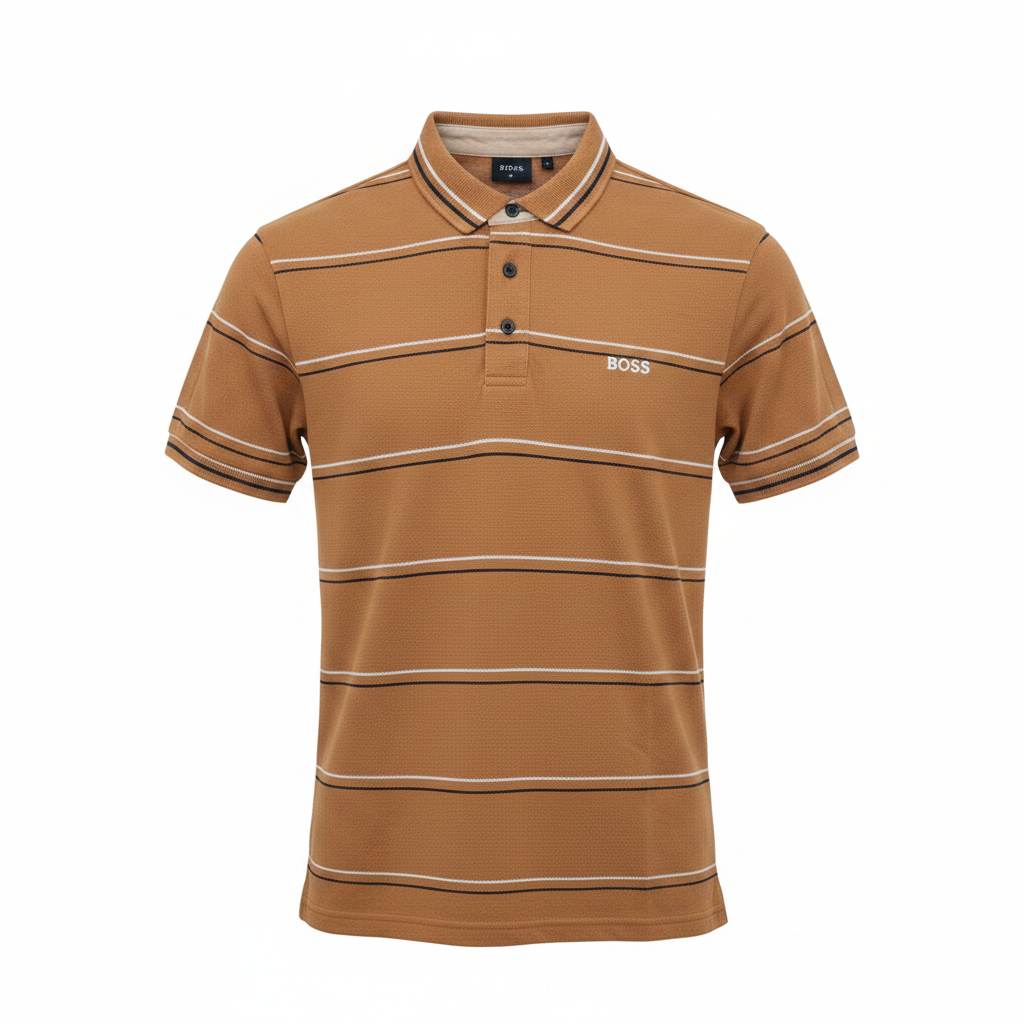 Tan brown striped short sleeve polo shirt — ghost mannequin front view on white background