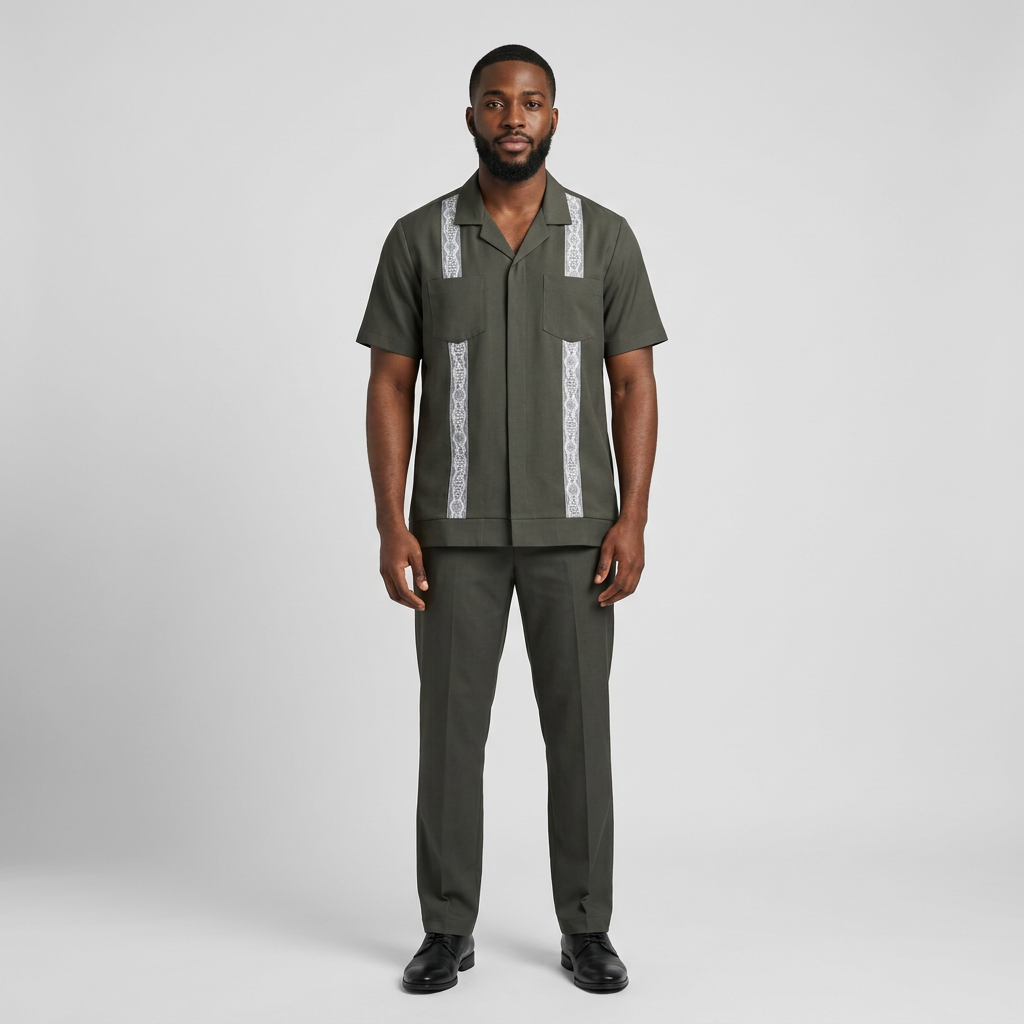 Nigerian man wearing charcoal patterned-panel shirt and trouser set