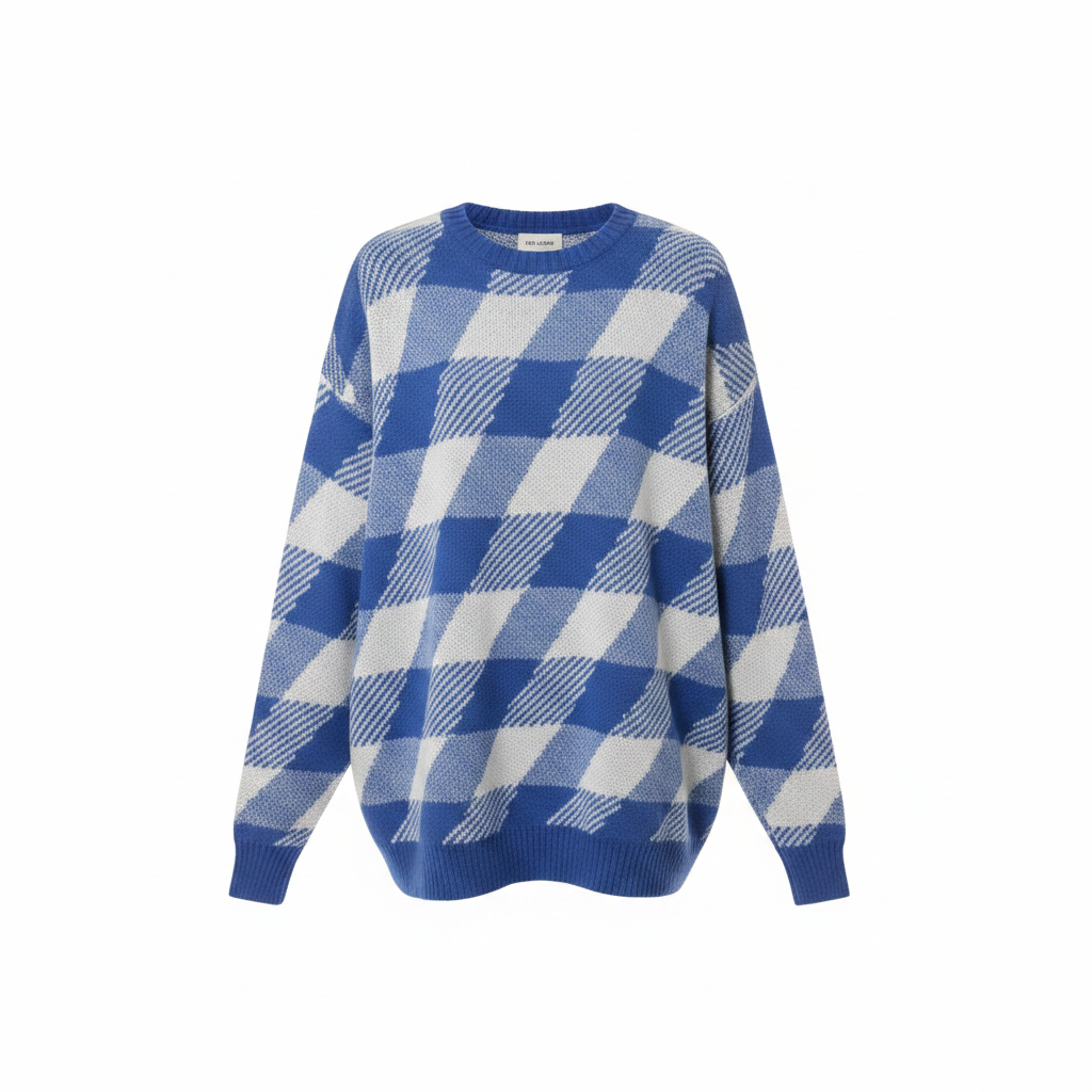 Royal blue and white diamond plaid oversized knit sweater ghost mannequin — front view, white background