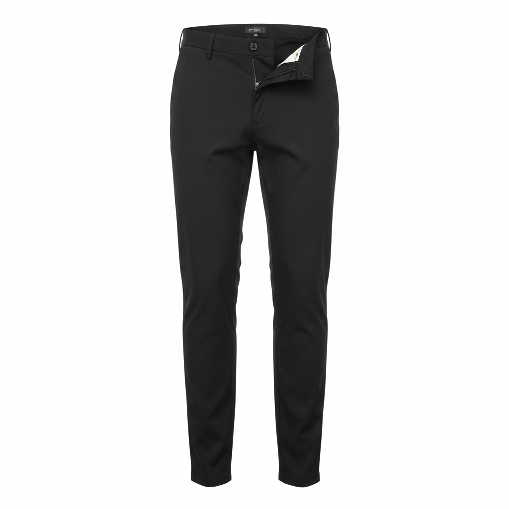 Black slim tapered trousers on ghost mannequin, white background