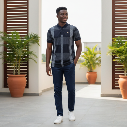 Nigerian male model wearing men's navy and grey check polo shirt