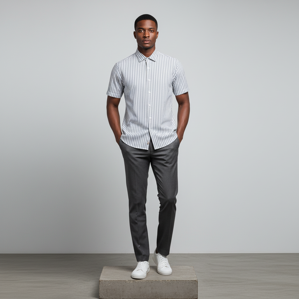 Nigerian male model wearing white grey pinstripe short-sleeved shirt, front view