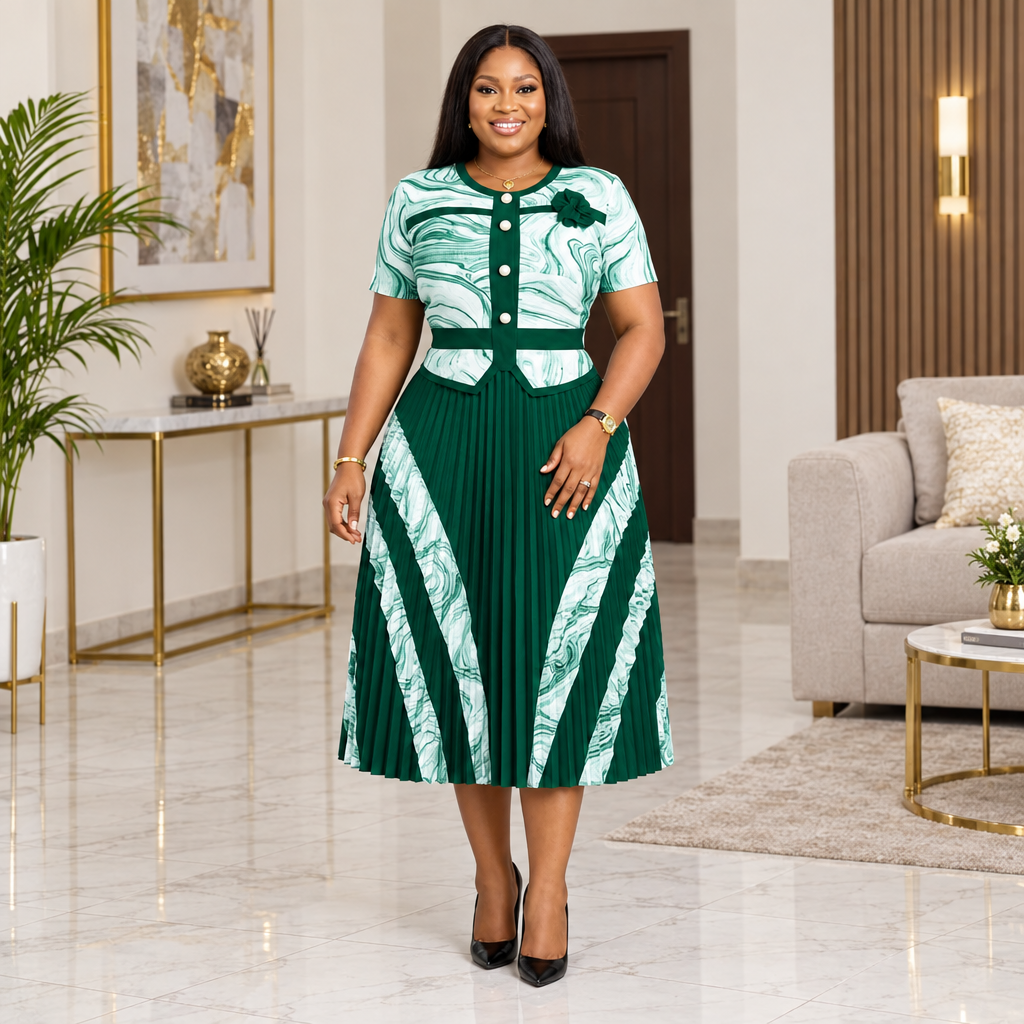 Adult Black woman wearing a green and white patterned pleated dress