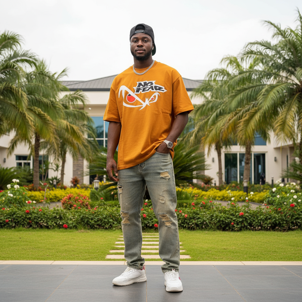 Nigerian male model wearing burnt orange No Fear graphic tee – front view