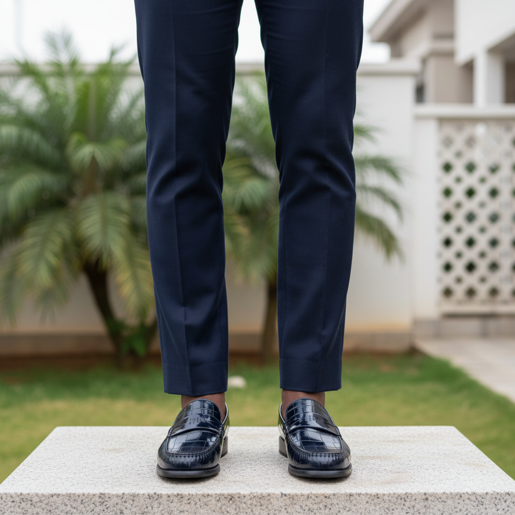 Men's navy blue croc patent penny loafer - Nigerian male model leg focus