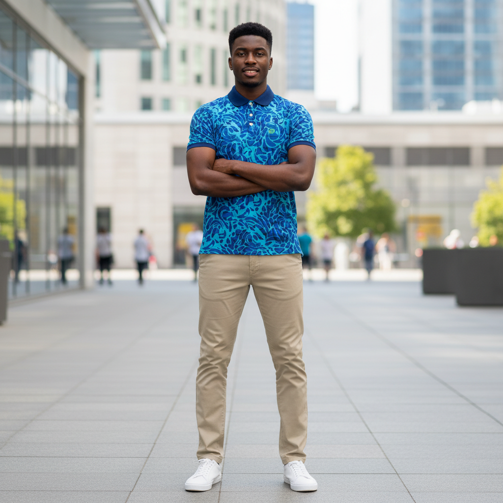 Young Nigerian male model wearing blue ocean wave abstract print polo shirt