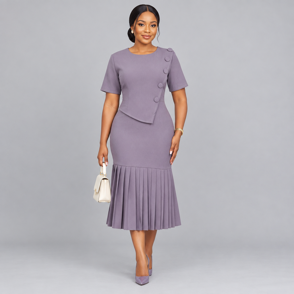 Model wearing mauve asymmetric button midi dress with pleated hem