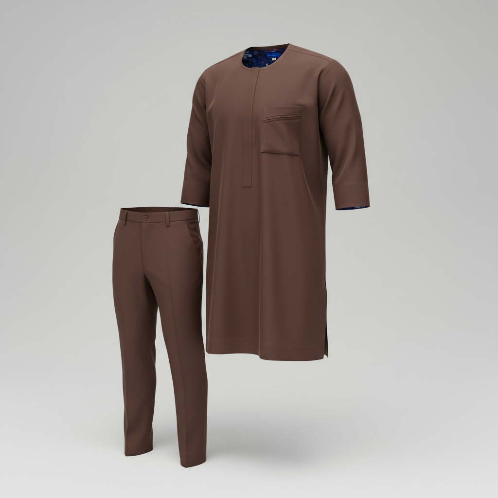 Three-dimensional ghost mannequin view of the brown Senator Wear set