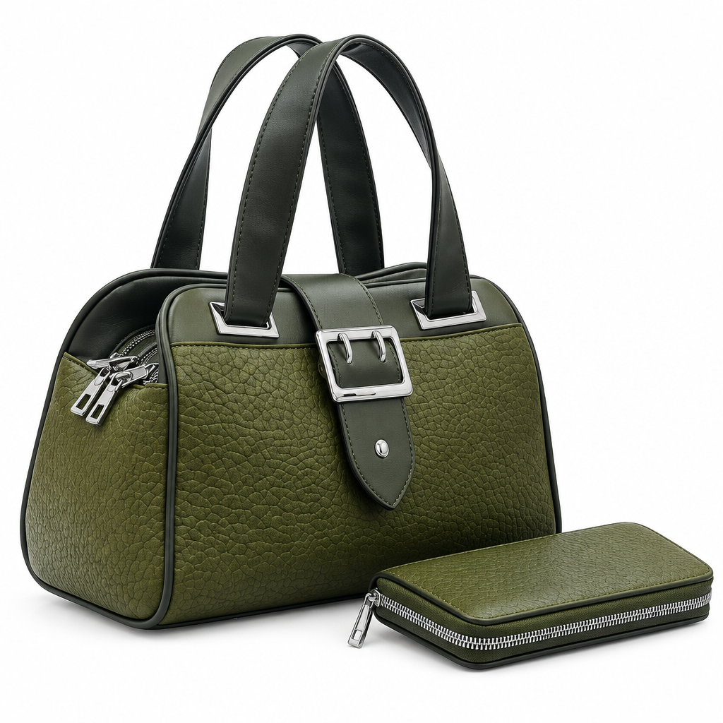 Olive textured handbag and matching purse together on white