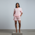Pink Pearl Slogan Rhinestone Top & Shorts Set - Model Front View