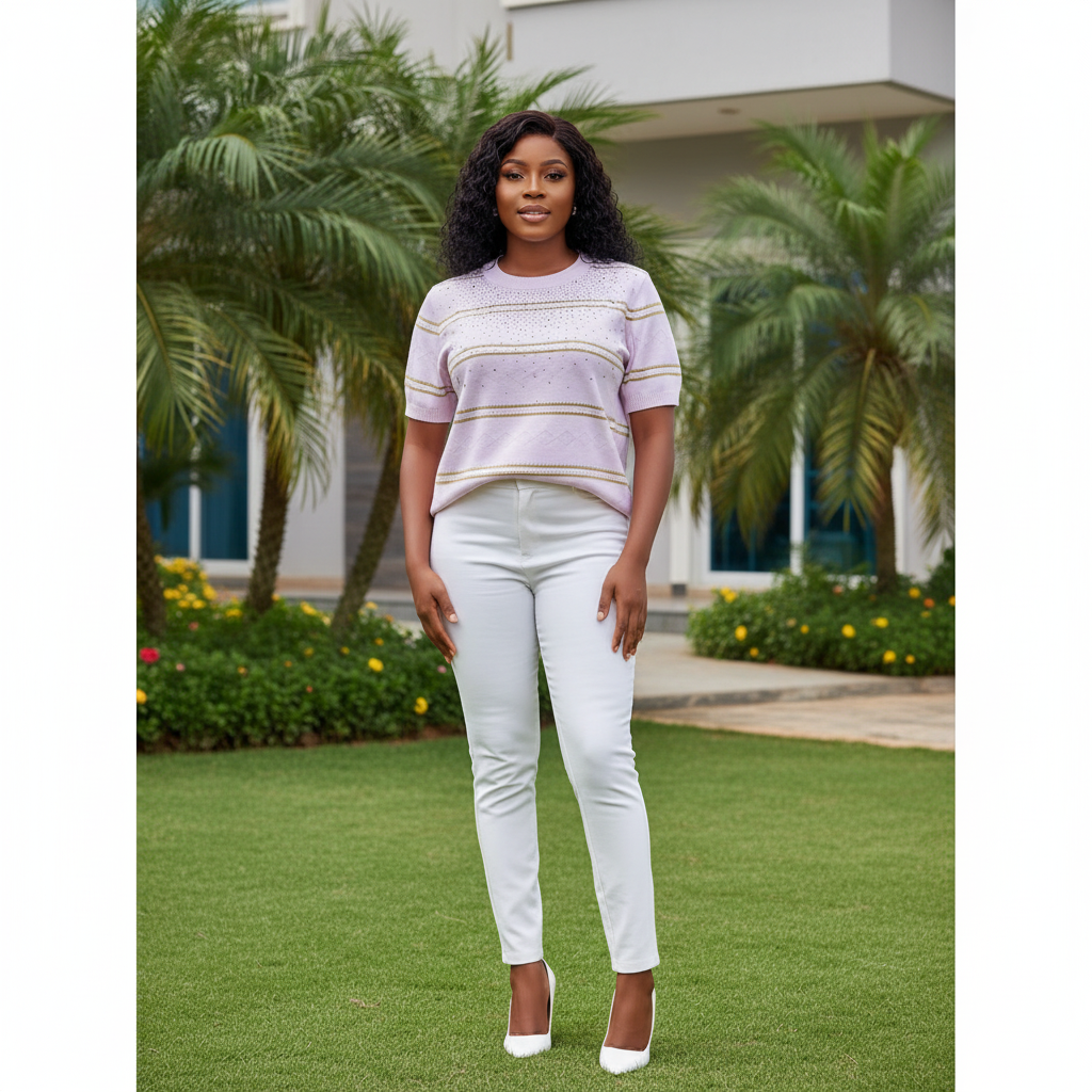 Nigerian female model wearing lilac gold stripe rhinestone knit top - front view