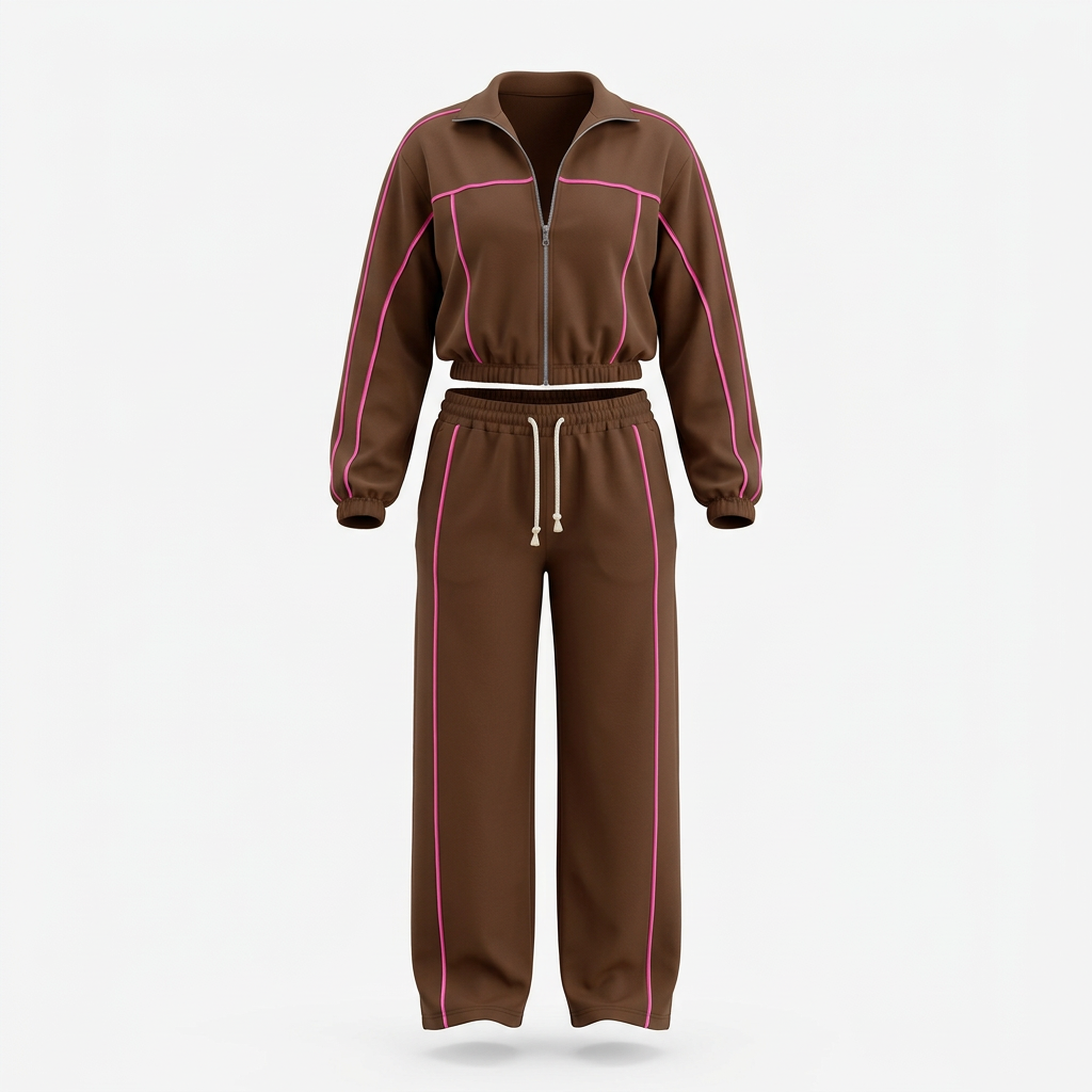 Brown pink-piping wide-leg tracksuit set on an invisible mannequin