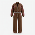 Brown pink-piping wide-leg tracksuit set on an invisible mannequin