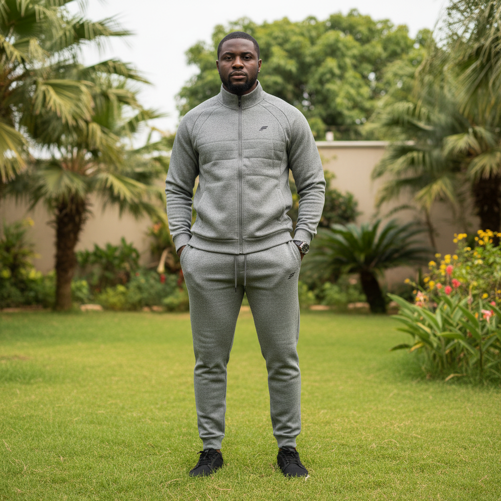 Nigerian male model wearing grey marl quilted zip-up tracksuit set