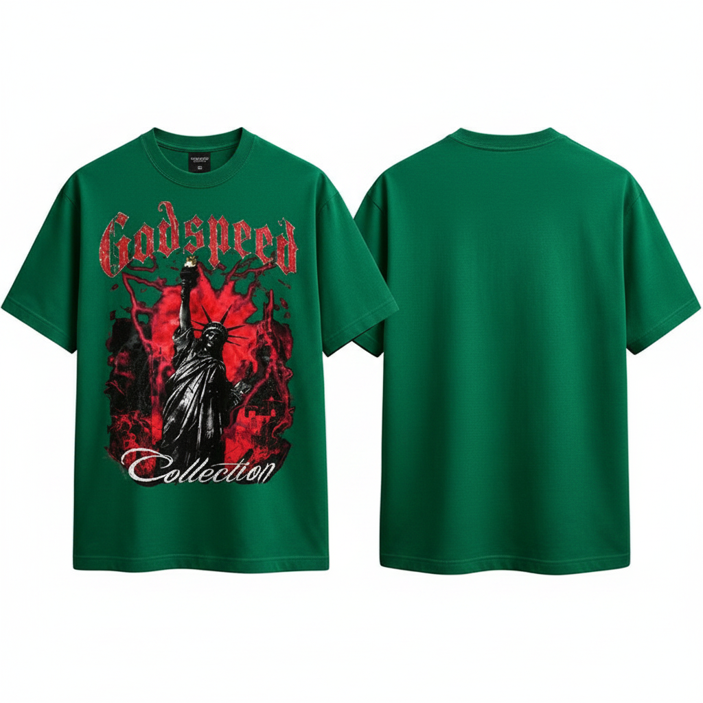 Men's forest green short-sleeve graphic tee ghost mannequin front and back view