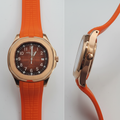 Rose gold cushion case brown dial orange rubber strap men's watch front and side view