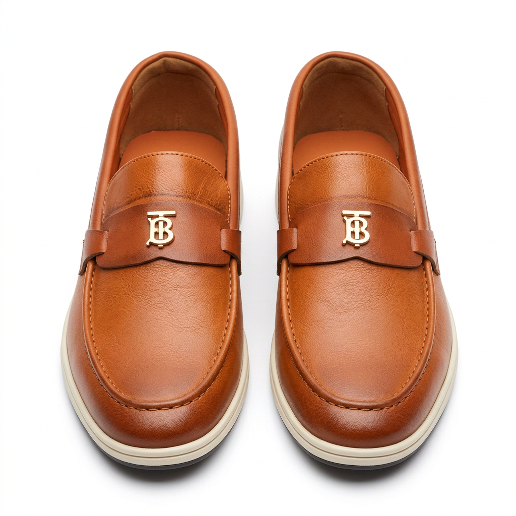 Pair of cognac slip-on loafers with gold-tone details and pale sole edges