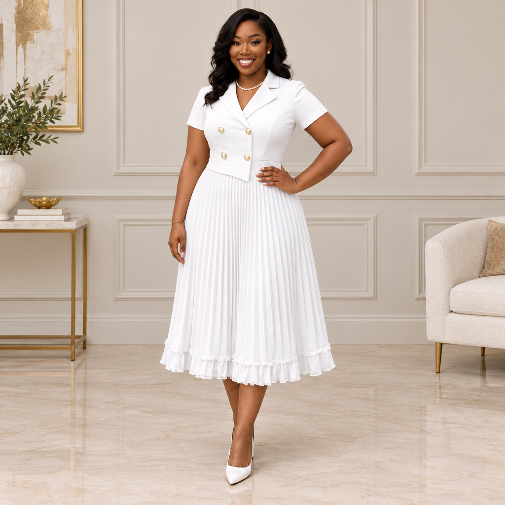 Adult Black woman wearing a white lapel pleated dress