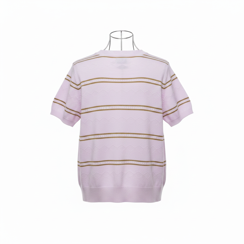Ghost mannequin back view of lilac gold stripe rhinestone knit top