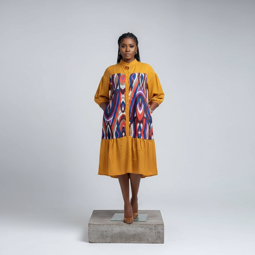 Mustard Abstract Print Shirt Dress - Model Front View
