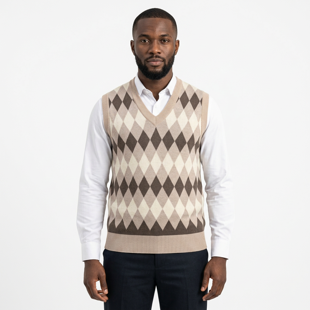 Brown and cream diamond sweater vest layered over a white shirt