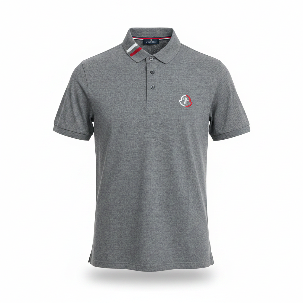 Men's grey marl polo shirt with tricolour striped collar, ghost mannequin front view