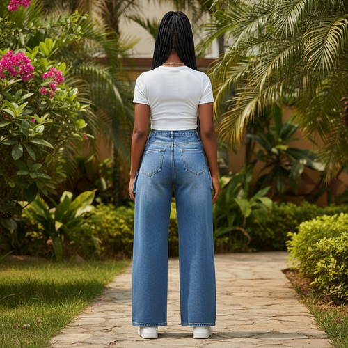 Blue Side-Tie Wide-Leg Jeans - Nigerian Female Model Back View