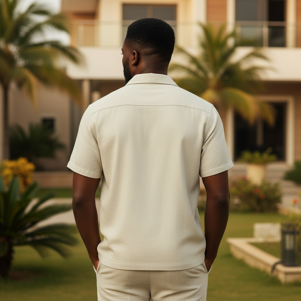 Nigerian male model wearing Cream Camp Collar Shirt back view