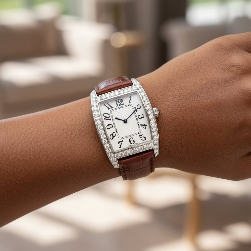 Women's silver full diamond bezel white dial tonneau watch worn on Nigerian model wrist — brown strap lifestyle wrist shot