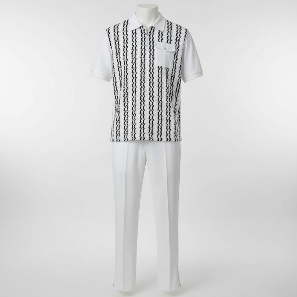 Ghost mannequin white zigzag stripe polo and trouser two-piece set
