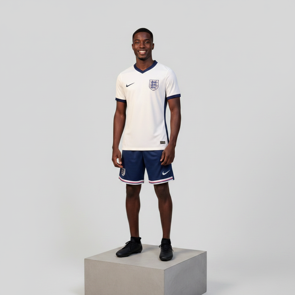 Nigerian male model wearing white navy pink home football kit on concrete plinth