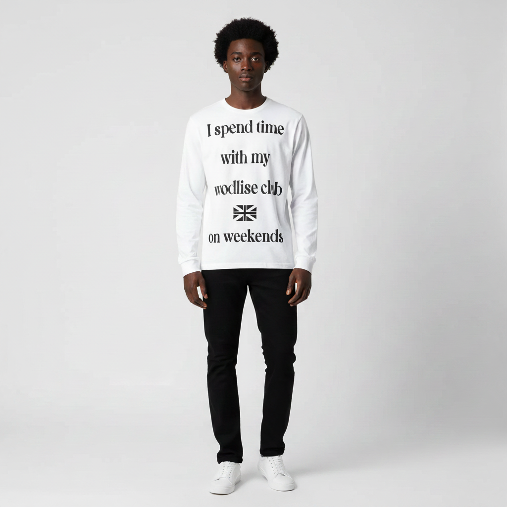 Man wearing the white slogan print long sleeve tee