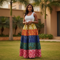 Nigerian female model wearing Women's Multicolour Ankara Tiered Maxi Skirt