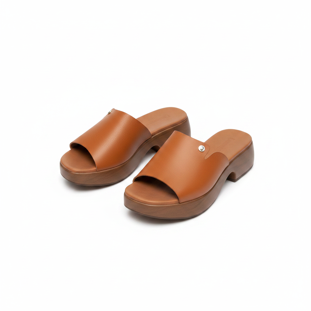 Ghost mannequin pair view of tan orange leather chunky platform clog slide mules
