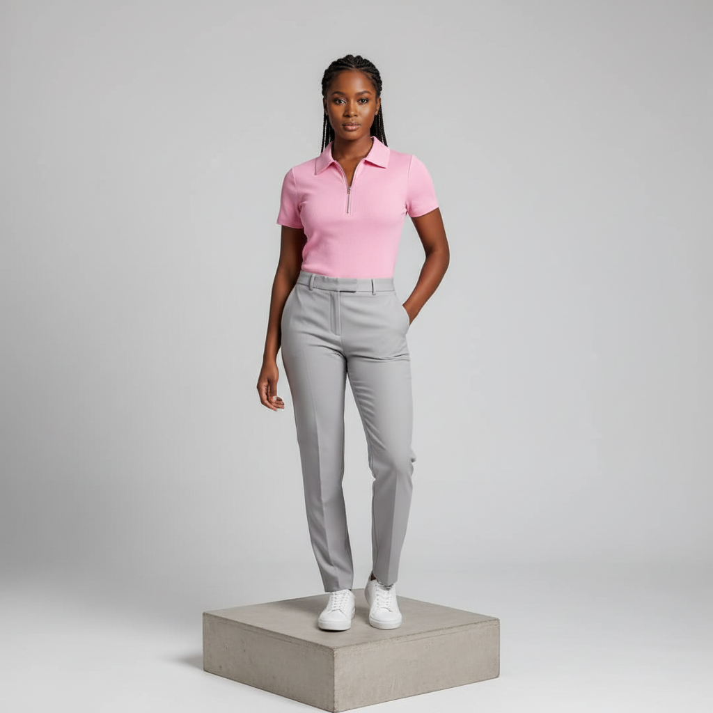 Pink Ribbed Half-Zip Polo Shirt - Model Front