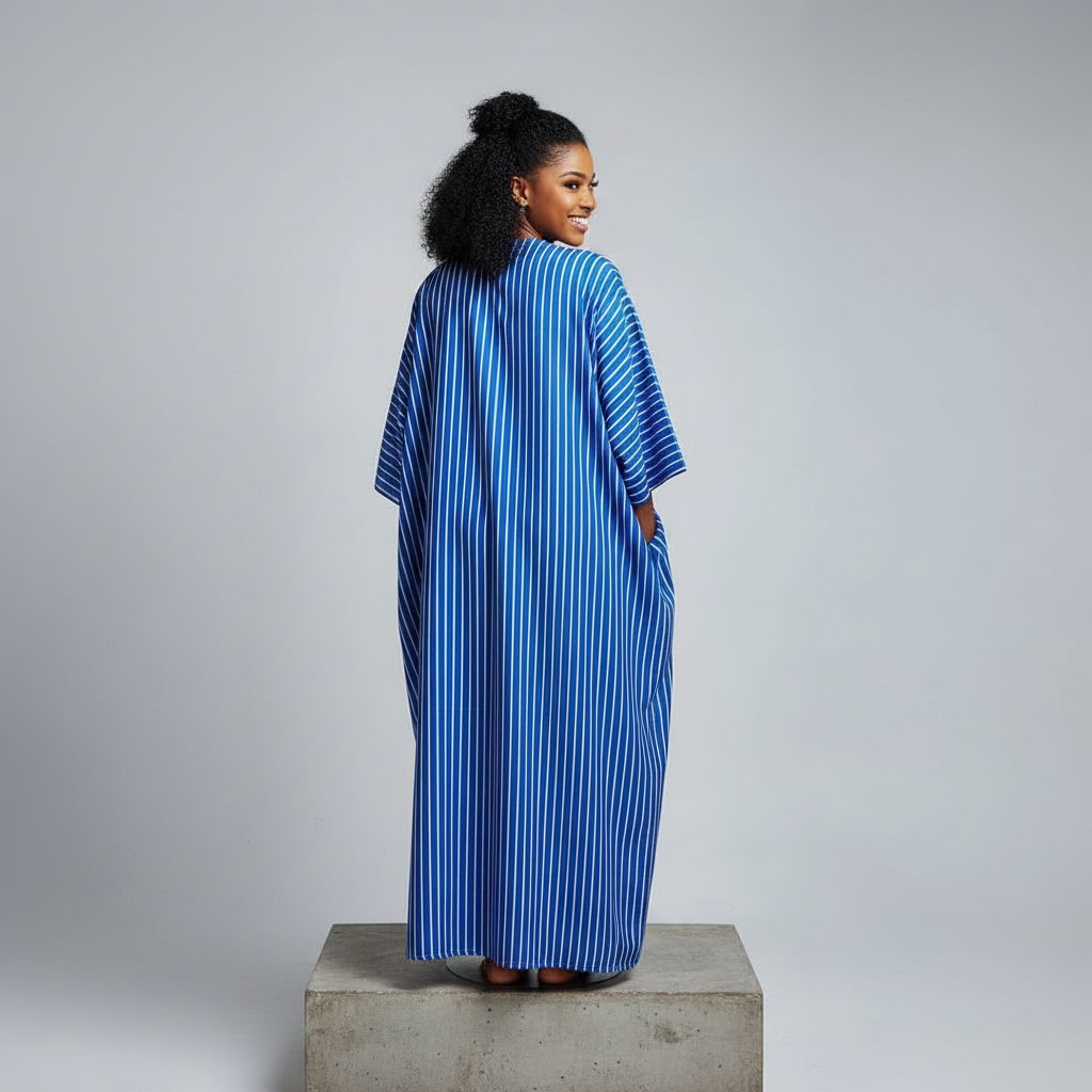 Nigerian female model back view - blue stripe cartoon graphic kaftan dress