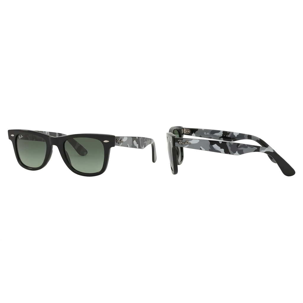Black square green-lens sunglasses with camouflage arms and original lettering, front and side views
